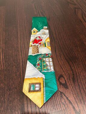 Santa Going Down The Chimney Novelty Necktie, Green Multi, One Size